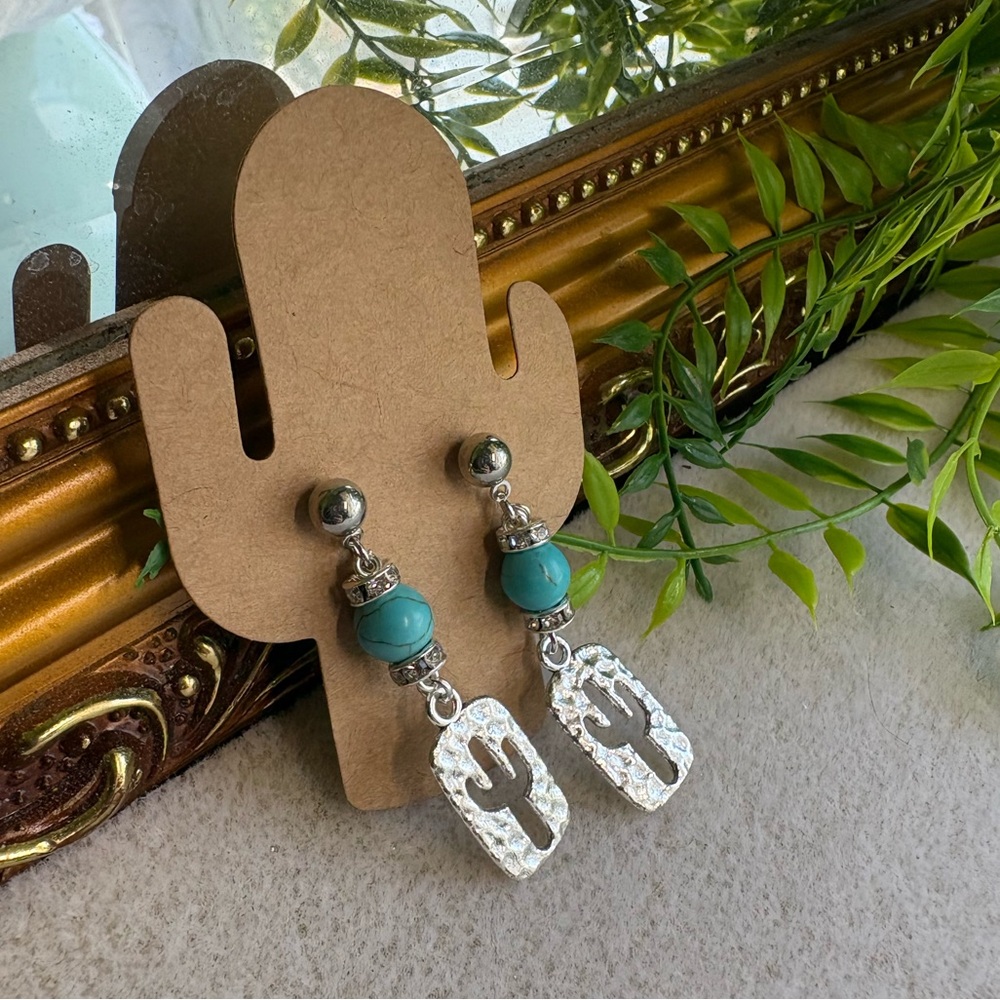 Silver and Turquoise Cactus Earrings